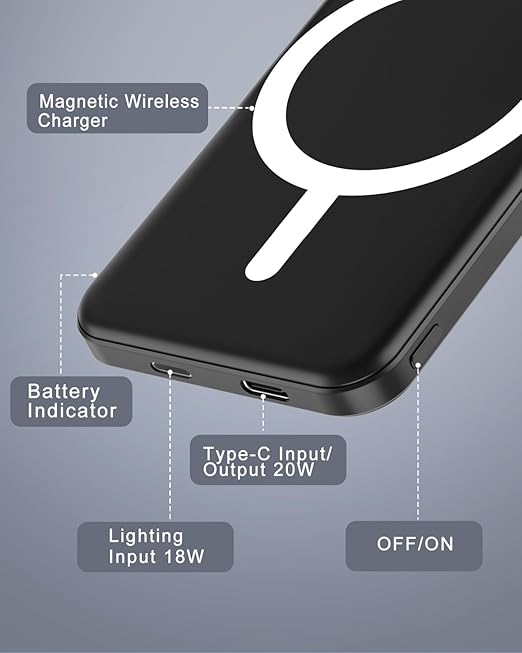 podoru for Magsafe Battery Pack, 5000mAh Magnetic Power Bank with Type-C Cable 20W PD Fast Charging Lighting Input Wireless Portable Charger for iPhone 17/16/15/14/13/12/ All Series-Black - Image 2