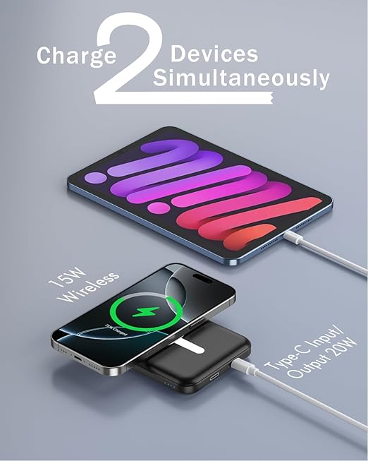 podoru for Magsafe Battery Pack, 5000mAh Magnetic Power Bank with Type-C Cable 20W PD Fast Charging Lighting Input Wireless Portable Charger for iPhone 17/16/15/14/13/12/ All Series-Black - Image 4