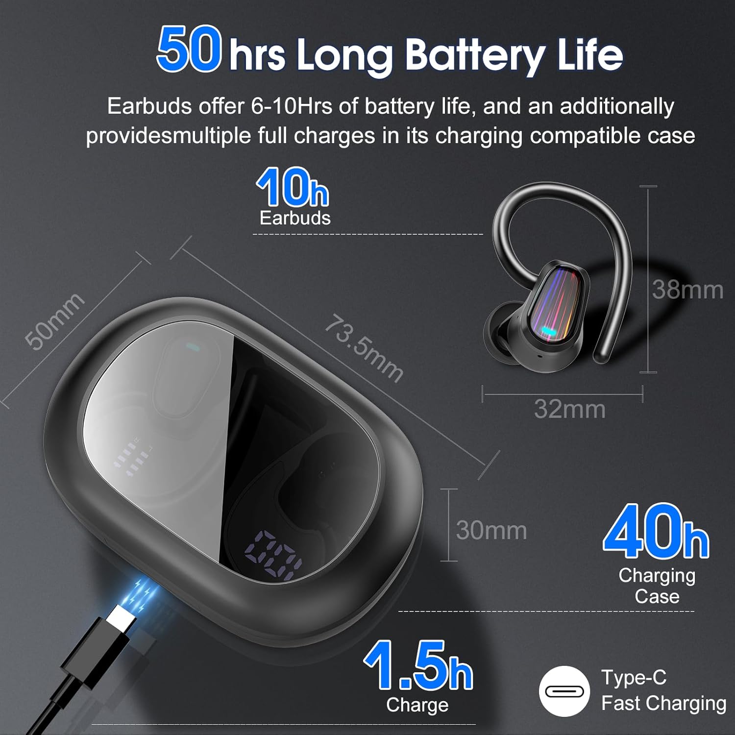 Wireless Earbuds, 50H Bluetooth 5.4 Headphones Sport, Bluetooth Earbuds with ENC Noise Canceling, HiFi Stereo Sound Wireless Earphones with Earhooks, IP7 Waterproof Ear Buds for Sports/Workout/Running - Image 3